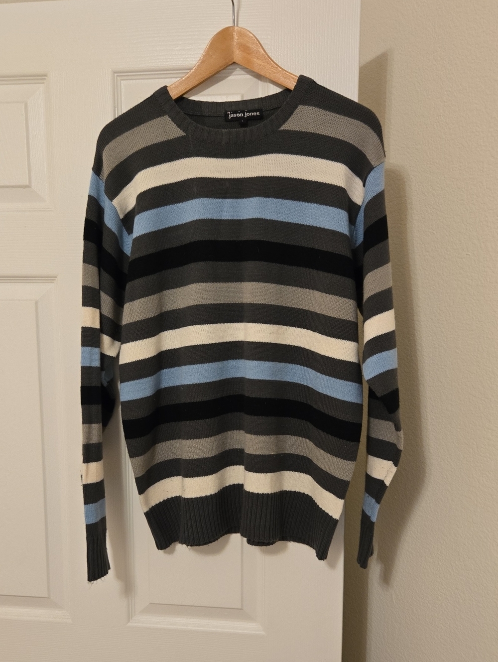 Jason Jones Men’s Striped Crewneck Sweater - Black, Gray, White & Blue Size L